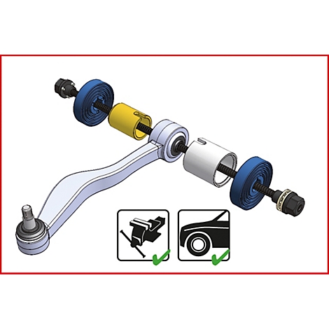 Explosionszeichnung eines Fahrzeugteils mit Schrauben und Muttern. Zwei Symbole mit Häkchen: Schraubstock, Rad.